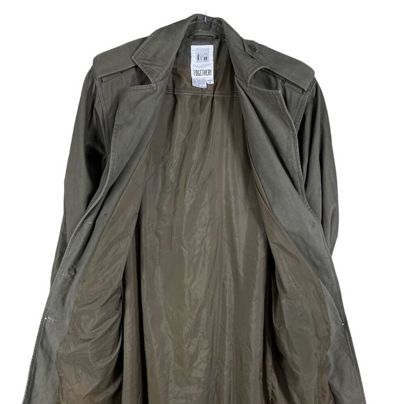 Together Women 8 Military Style Trench Coat Olive Green Leather Trim Grunge Goth - Picture 9 of 16